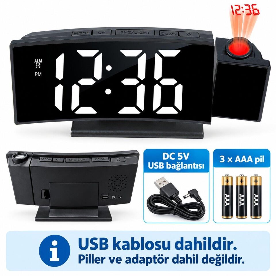 Valkyrie Projeksiyonlu Dijital Masa Saati LED Ekranlı Alarm Snooze Sıcaklık Tarih USB ve 3 AAA Pil Destekli