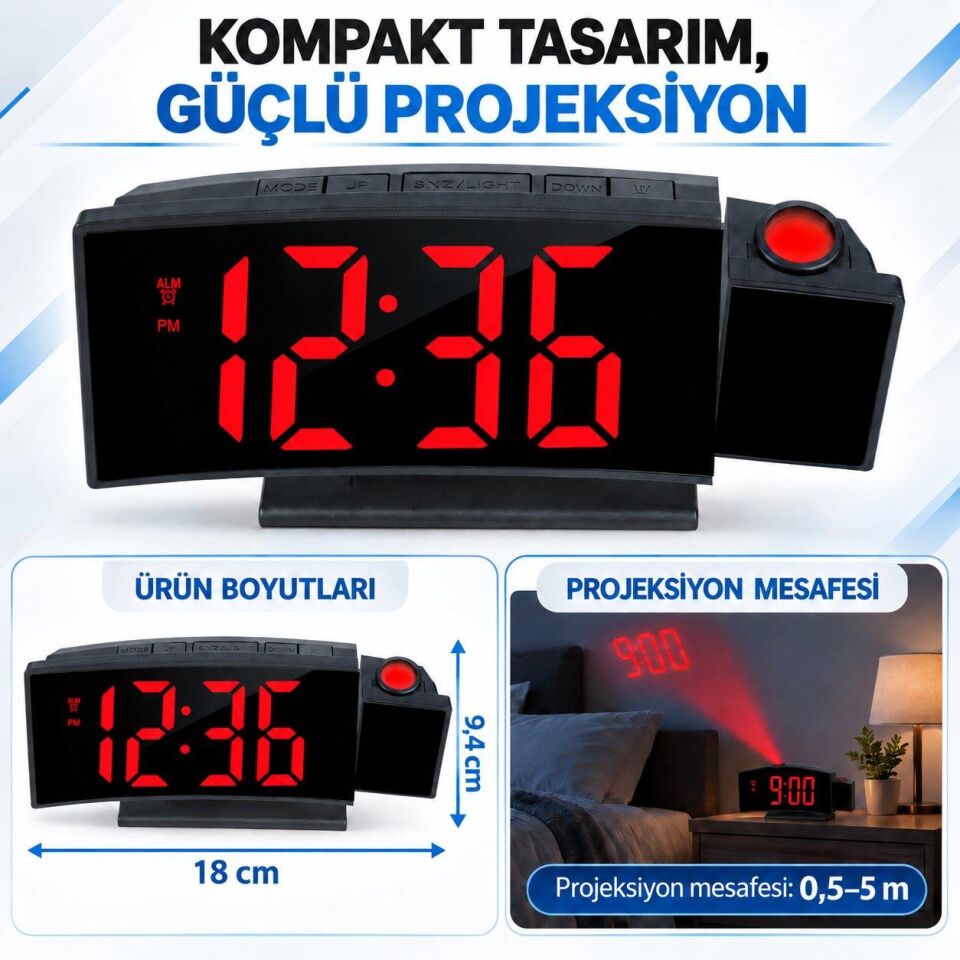 Valkyrie Projeksiyonlu Dijital Masa Saati Kırmızı LED Ekranlı Alarm Snooze Sıcaklık Tarih USB ve Pil