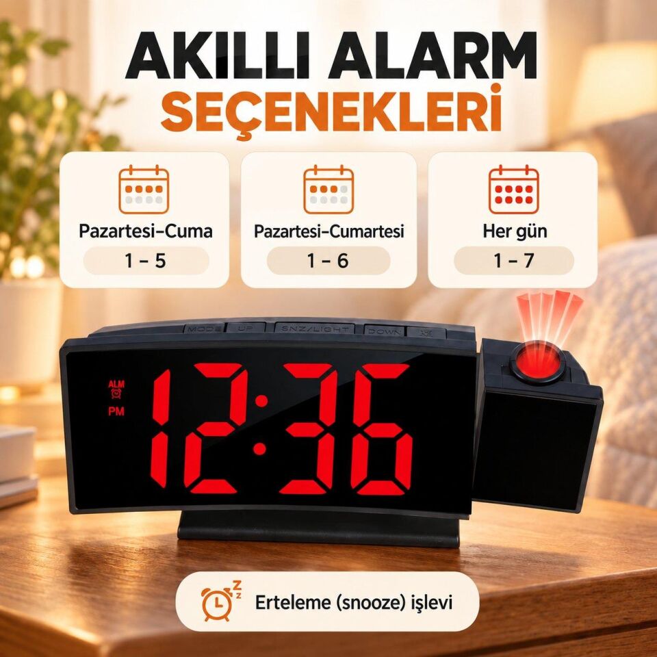 Valkyrie Projeksiyonlu Dijital Masa Saati Kırmızı LED Ekranlı Alarm Snooze Sıcaklık Tarih USB ve Pil
