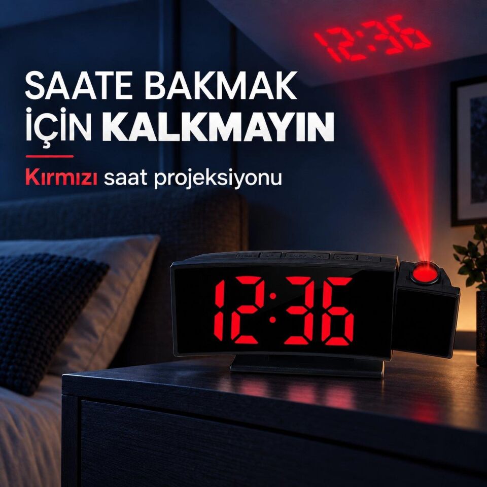 Valkyrie Projeksiyonlu Dijital Masa Saati Kırmızı LED Ekranlı Alarm Snooze Sıcaklık Tarih USB ve Pil