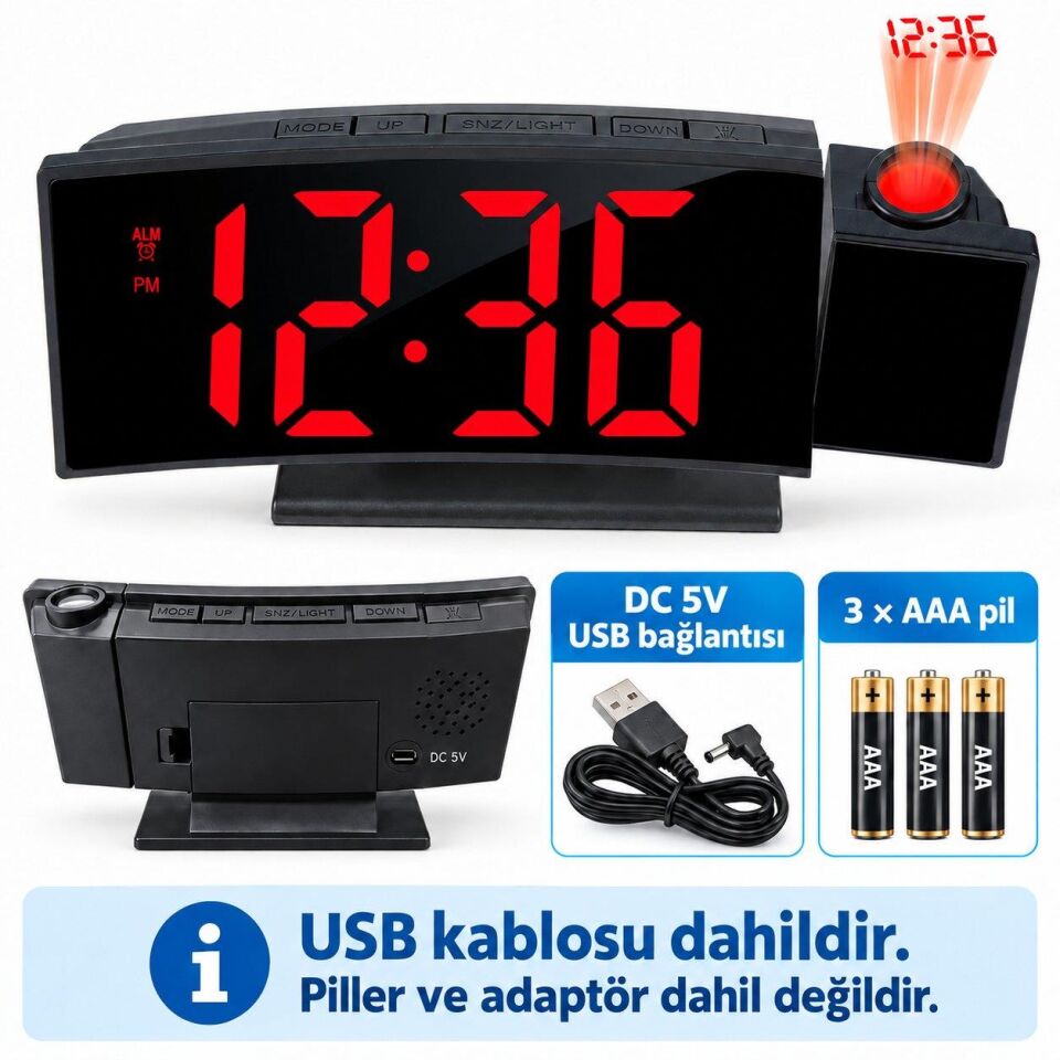 Valkyrie Projeksiyonlu Dijital Masa Saati Kırmızı LED Ekranlı Alarm Snooze Sıcaklık Tarih USB ve Pil