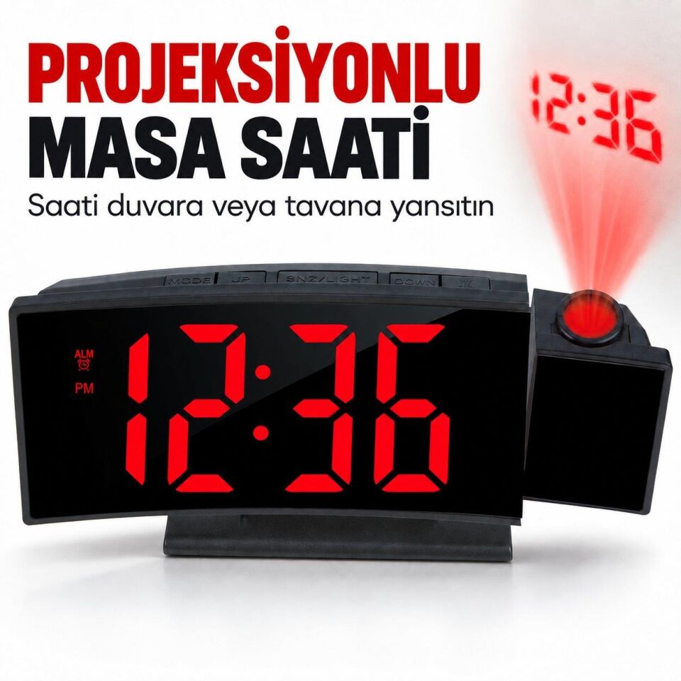 Valkyrie Projeksiyonlu Dijital Masa Saati Kırmızı LED Ekranlı Alarm Snooze Sıcaklık Tarih USB ve Pil