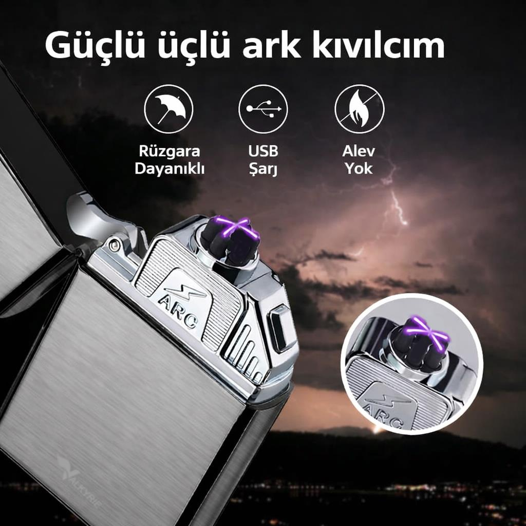 Valkyrie USB Şarjlı Elektronik Çakmak | 4 Elektrotlu X Tip Mor Arc | Rüzgar Geçirmez, Alevsiz Siyah