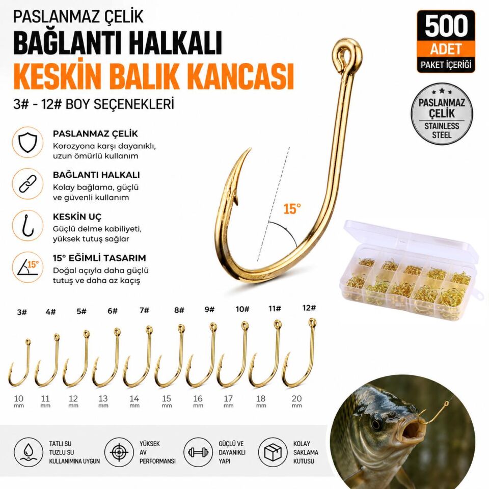 Valkyrie 500 Adet Altın Renk Olta İğnesi Seti – 10 Farklı Boy, Paslanmaz Çelik, Halkalı Keskin Balık Kancası