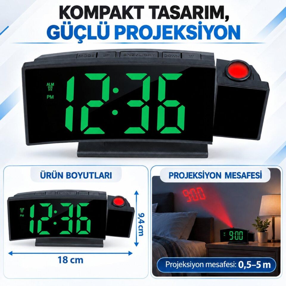 Valkyrie Projeksiyonlu Dijital Masa Saati Yeşil LED Ekranlı Alarm Snooze Sıcaklık Tarih USB ve Pil