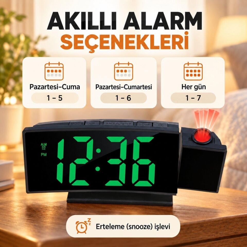 Valkyrie Projeksiyonlu Dijital Masa Saati Yeşil LED Ekranlı Alarm Snooze Sıcaklık Tarih USB ve Pil