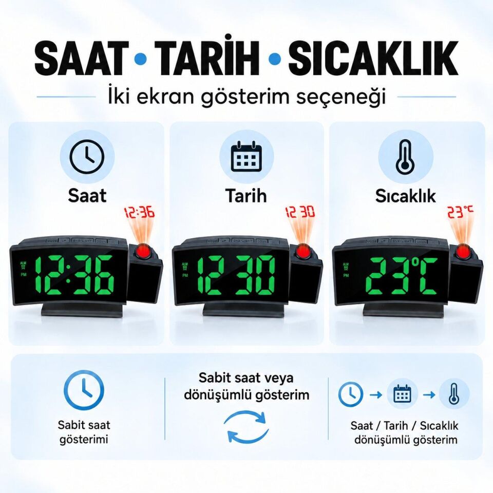 Valkyrie Projeksiyonlu Dijital Masa Saati Yeşil LED Ekranlı Alarm Snooze Sıcaklık Tarih USB ve Pil