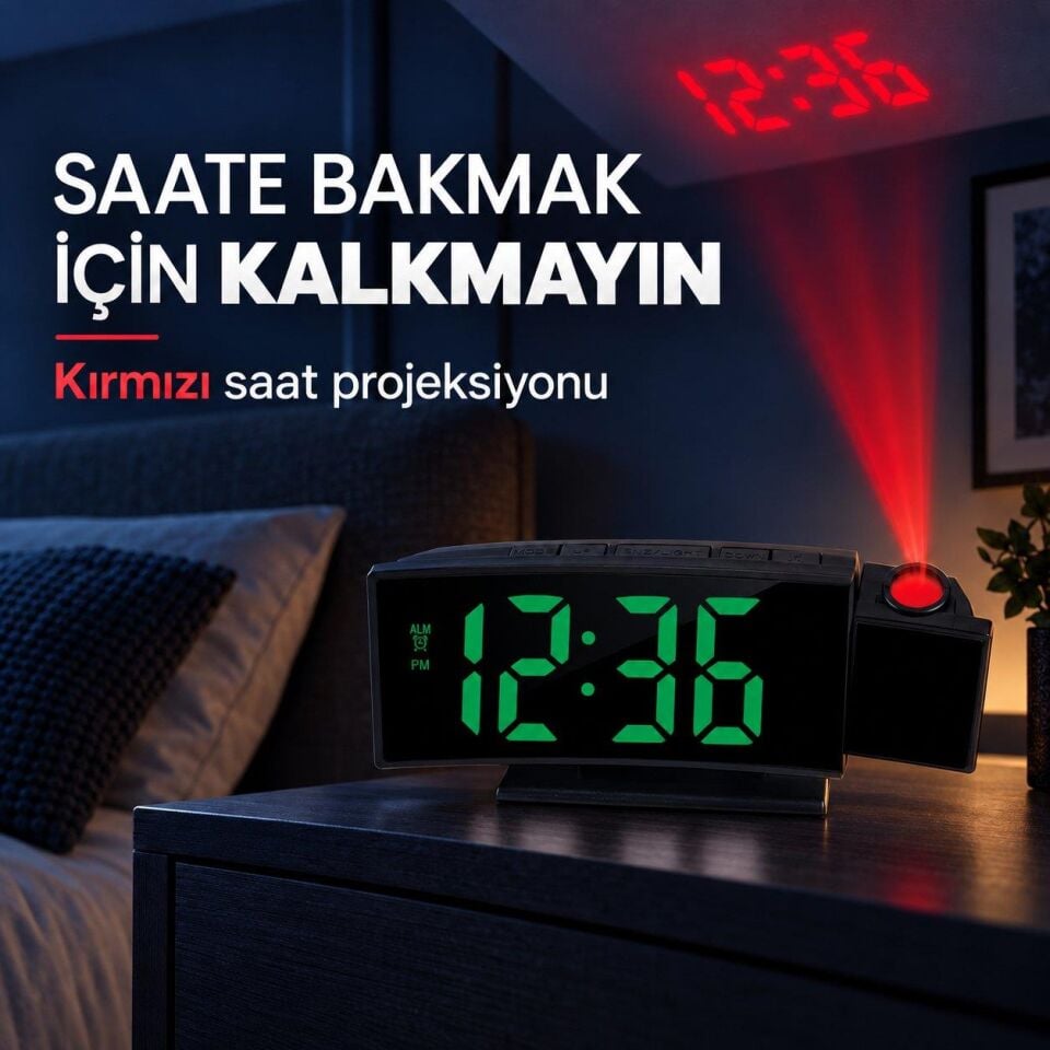Valkyrie Projeksiyonlu Dijital Masa Saati Yeşil LED Ekranlı Alarm Snooze Sıcaklık Tarih USB ve Pil