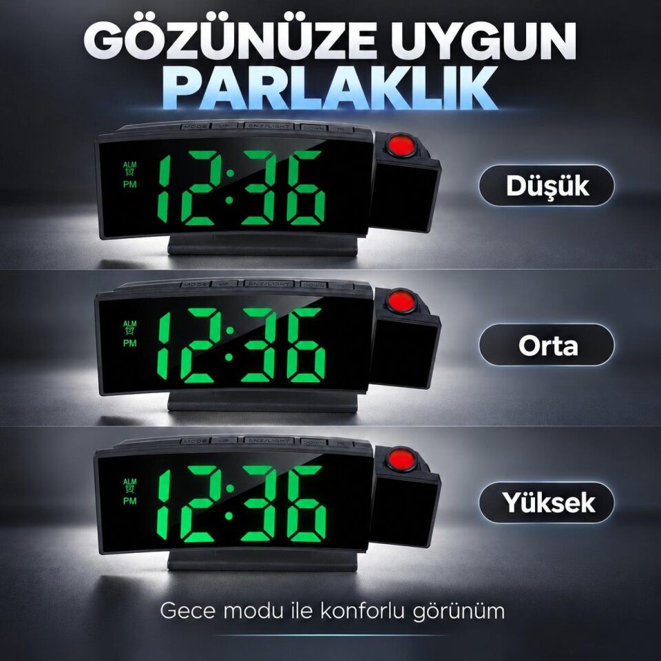 Valkyrie Projeksiyonlu Dijital Masa Saati Yeşil LED Ekranlı Alarm Snooze Sıcaklık Tarih USB ve Pil