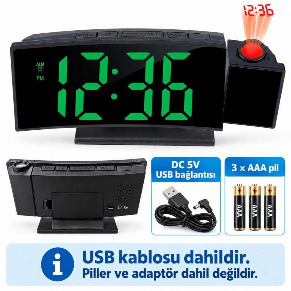 Valkyrie Projeksiyonlu Dijital Masa Saati Yeşil LED Ekranlı Alarm Snooze Sıcaklık Tarih USB ve Pil