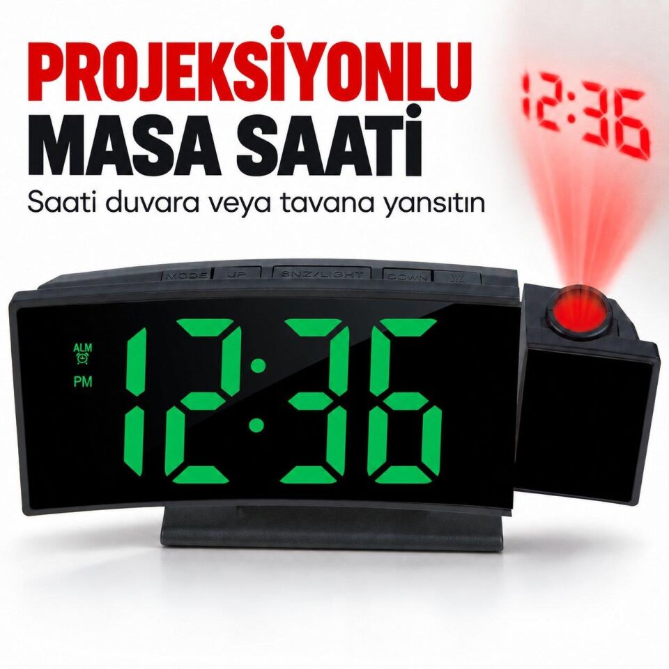 Valkyrie Projeksiyonlu Dijital Masa Saati Yeşil LED Ekranlı Alarm Snooze Sıcaklık Tarih USB ve Pil
