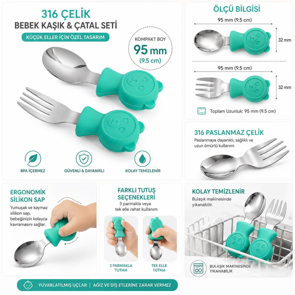 Valkyrie 304 Çelik Panda Bebek Kaşık Çatal SetiSilikon Saplı BPA İçermez Ergonomik Kaymaz Yeşil