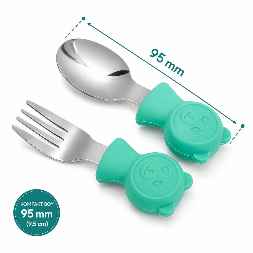 Valkyrie 304 Çelik Panda Bebek Kaşık Çatal SetiSilikon Saplı BPA İçermez Ergonomik Kaymaz Yeşil
