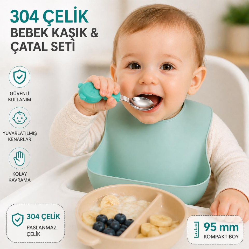 Valkyrie 304 Çelik Panda Bebek Kaşık Çatal SetiSilikon Saplı BPA İçermez Ergonomik Kaymaz Yeşil