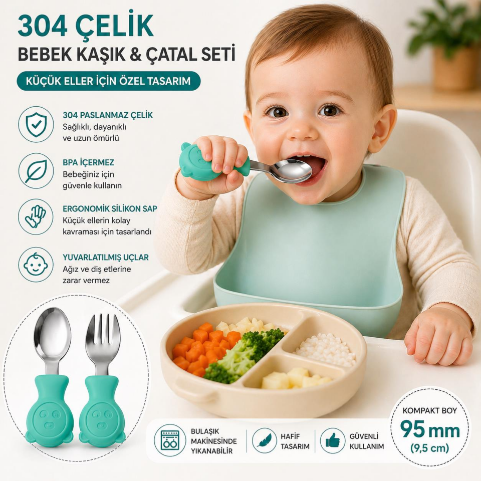 Valkyrie 304 Çelik Panda Bebek Kaşık Çatal SetiSilikon Saplı BPA İçermez Ergonomik Kaymaz Yeşil