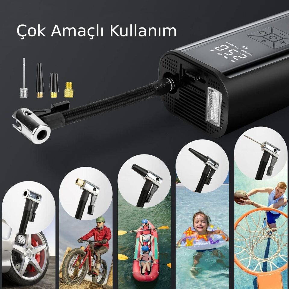 Valkyrie 100W 6000mAh Şarjlı Araba Lastik Hava Pompası LED Işıklı Çok Amaçlı Bisiklet Yatak Top Pompası