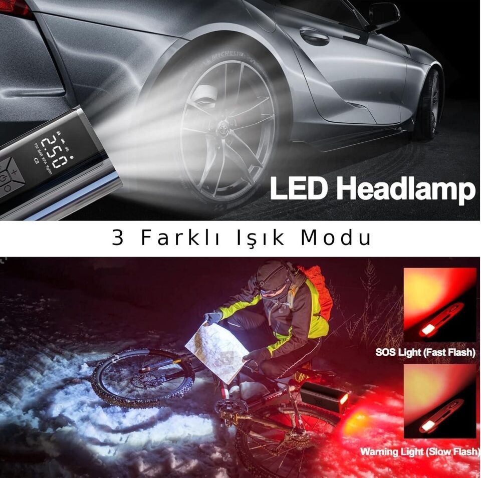 Valkyrie 100W 6000mAh Şarjlı Araba Lastik Hava Pompası LED Işıklı Çok Amaçlı Bisiklet Yatak Top Pompası