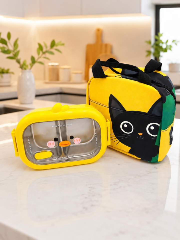 Valkyrie 304 Paslanmaz Çelik Çocuk Beslenme Kabı Kedili Termal Çantalı 2 Bölmeli Lunch Box Yemek Kabı