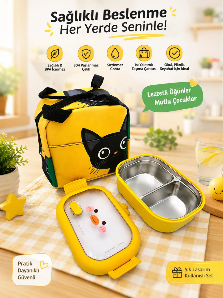 Valkyrie 304 Paslanmaz Çelik Çocuk Beslenme Kabı Kedili Termal Çantalı 2 Bölmeli Lunch Box Yemek Kabı