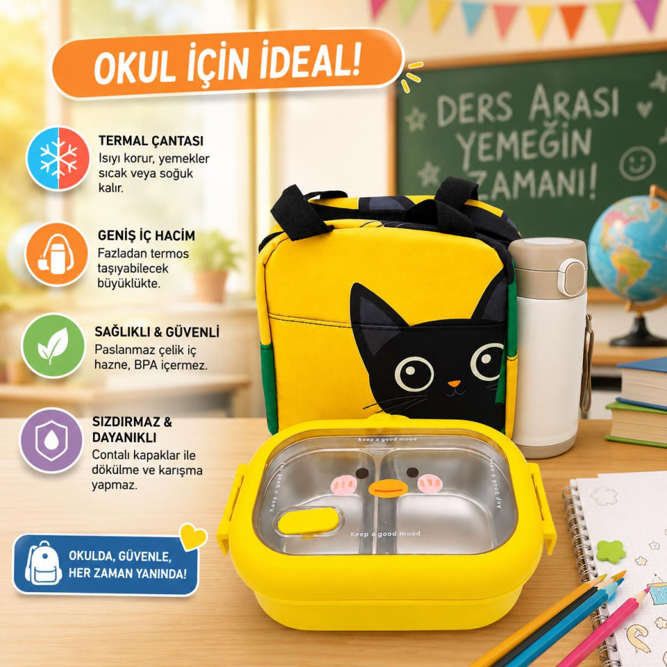 Valkyrie 304 Paslanmaz Çelik Çocuk Beslenme Kabı Kedili Termal Çantalı 2 Bölmeli Lunch Box Yemek Kabı