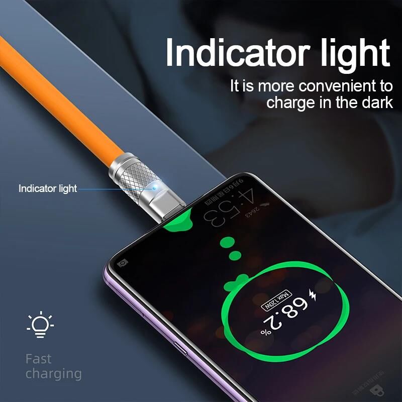Valkyrie 120W-C 6A Type-C Bakır Döşemeli Sıvı Silikon USB Data Hızlı Şarj Kablosu - Katlanmaz Kırılmaz Dayanıklı Uzun Ömürlü - 1 metre Turuncu
