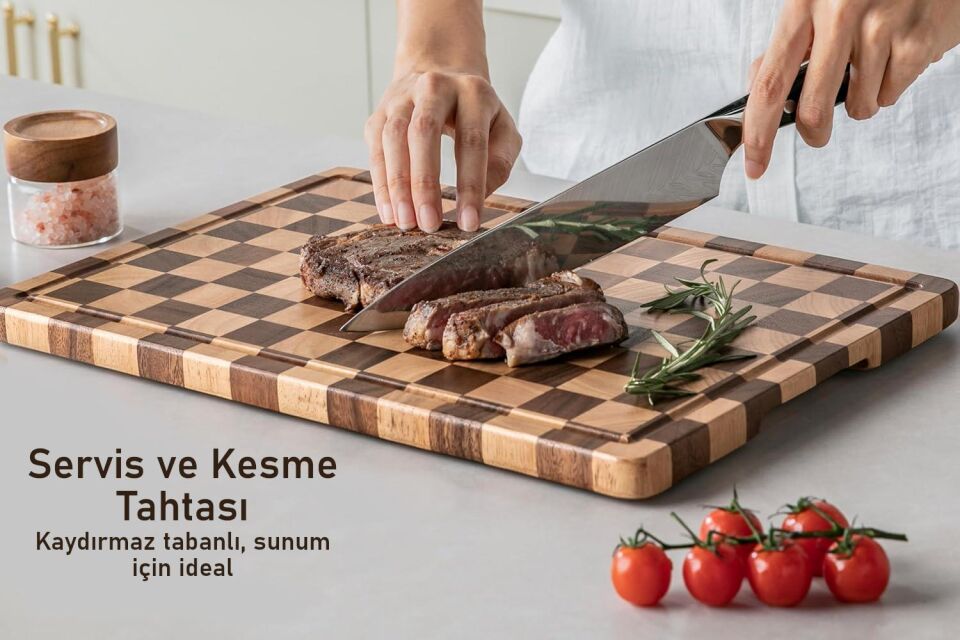 Valkyrie Doğal Akasya Ahşap Kesme Tahtası 43x33 cm – Kaydırmaz Tabanlı, Profesyonel Servis & Sunum Tahtası