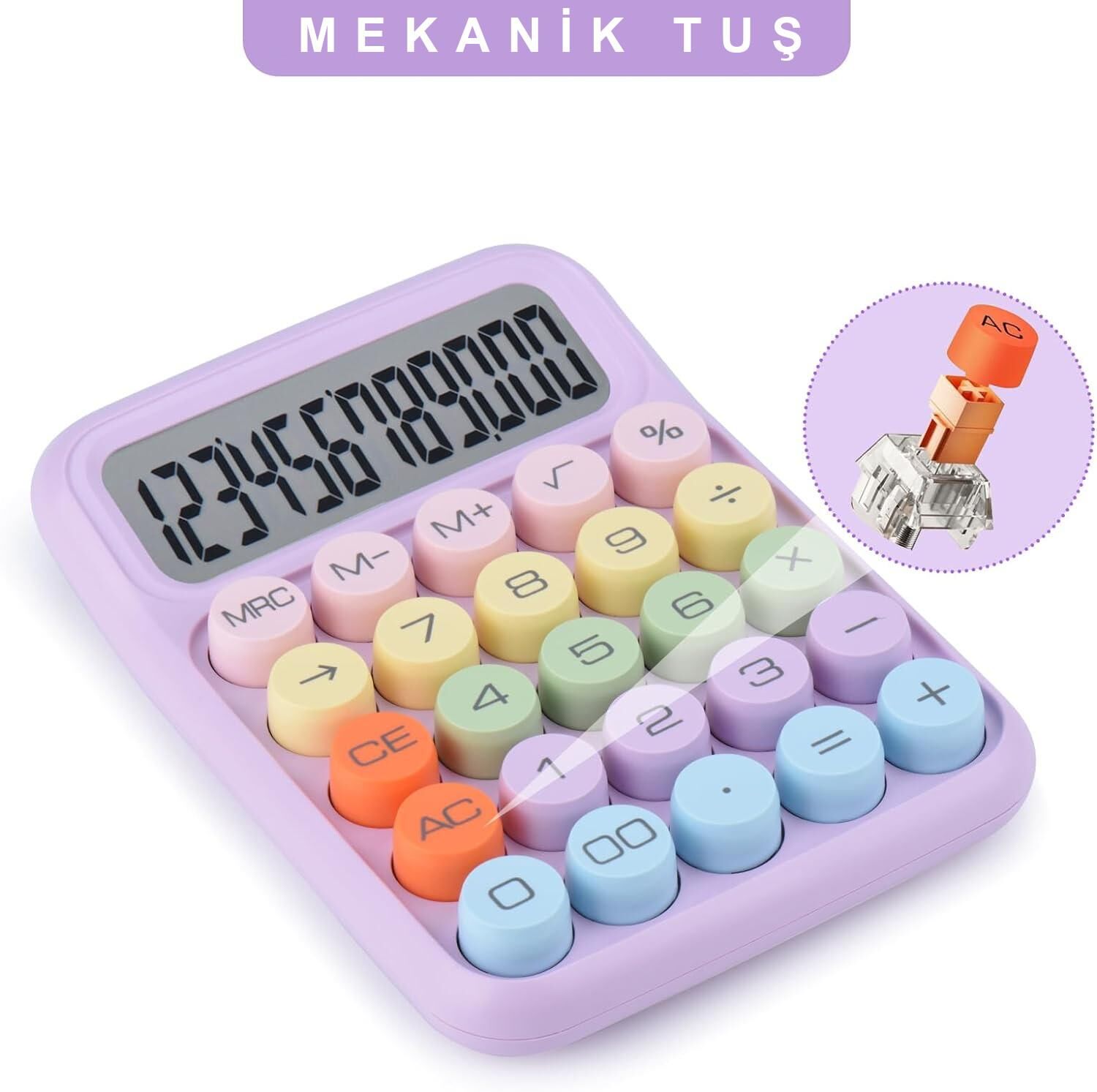 Valkyrie Renkli Çok Şirin 12 Hane Mekanik Hesap Makinası Büyük Ekranlı 4 Fonksiyonlu Ev Ofis Okul Mor