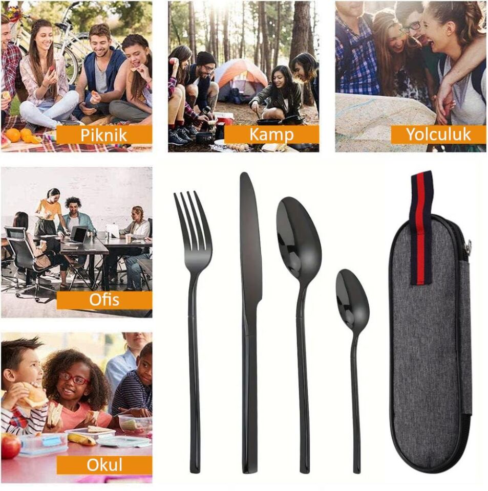 Valkyrie Çantalı Yolculuk Çatal Kaşık Bıçak Seti Kişiye Özel 1. Sınıf Paslanmaz Çelik Ofis Okul Kamp Restaurant C3404