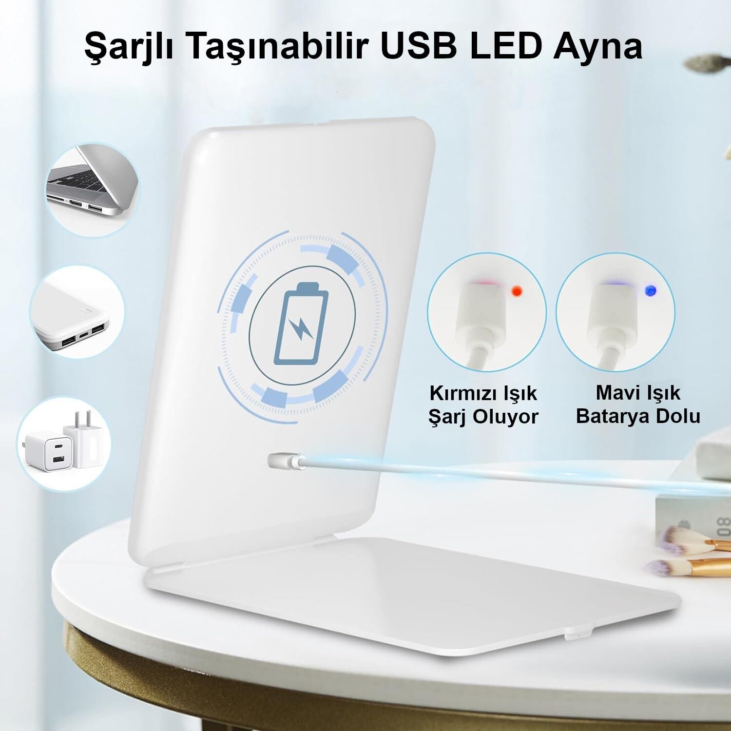 Valkyrie Katlanabilir LED Işıklı Makyaj Aynası - 3 Farklı Renk Tonu 1X 10X Yakınlaştırma Dokunmatik Touch Ekran Işık Seviye Ayarı Beyaz
