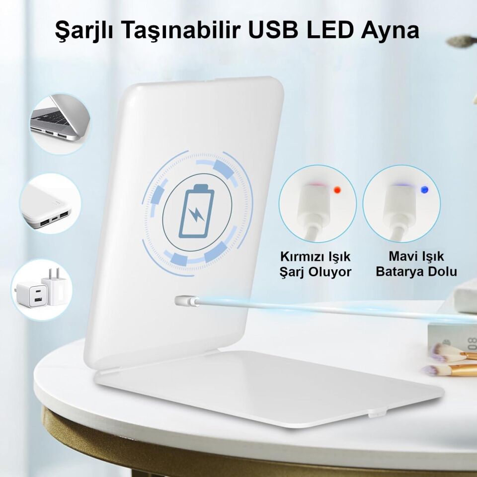 Valkyrie Katlanabilir LED Işıklı Makyaj Aynası - 3 Farklı Renk Tonu 1X 10X Yakınlaştırma Dokunmatik Touch Ekran Işık Seviye Ayarı Beyaz