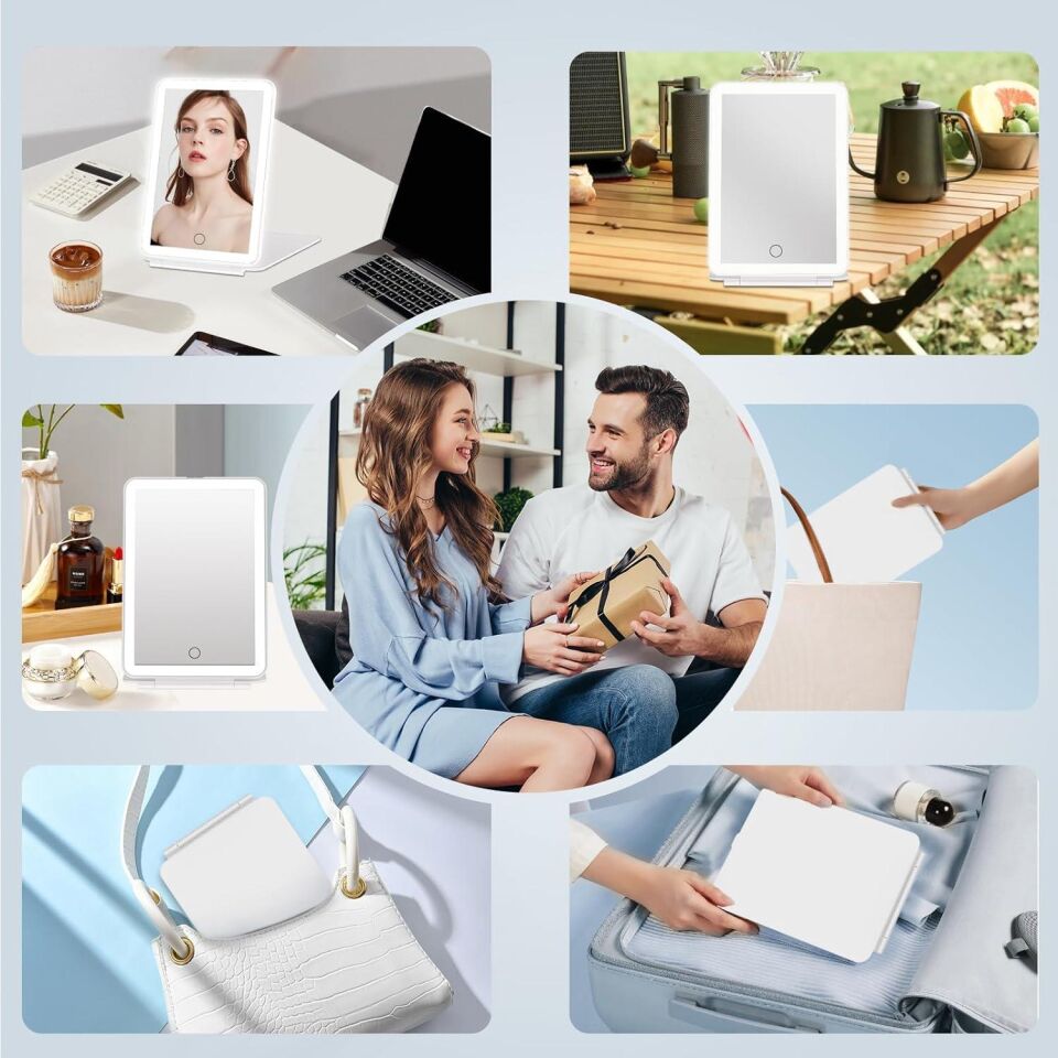Valkyrie Katlanabilir LED Işıklı Makyaj Aynası - 3 Farklı Renk Tonu 1X 10X Yakınlaştırma Dokunmatik Touch Ekran Işık Seviye Ayarı Beyaz