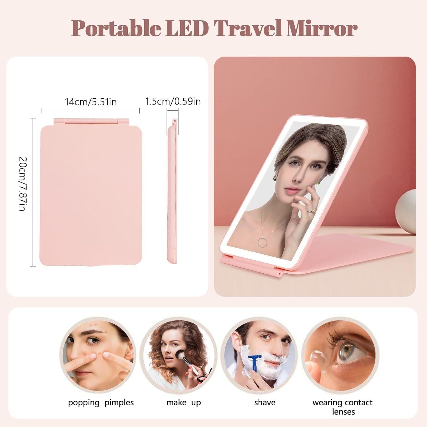 Valkyrie Katlanabilir LED Işıklı Makyaj Aynası - 3 Farklı Renk Tonu 1X 10X Yakınlaştırma Dokunmatik Touch Ekran Işık Seviye Ayarı Pembe