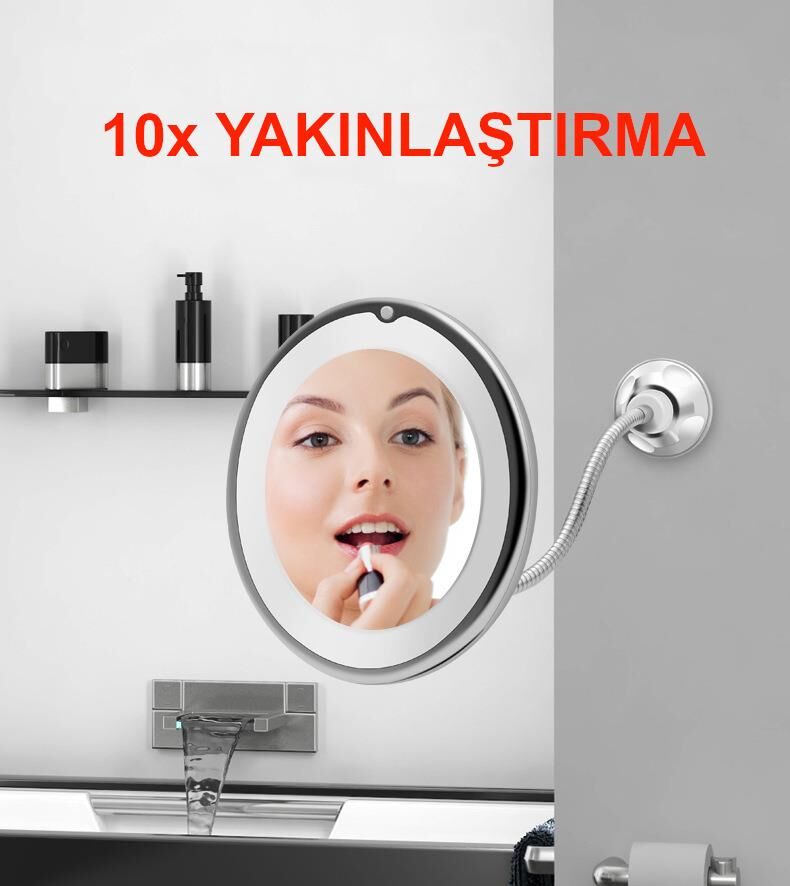Valkyrie 10X Zoom Büyüteç LED Işıklı Esnek Makyaj Kişisel Bakım Aynası - Güçlü Vantuzlu Kavrama - 360 Flex Bağlantı