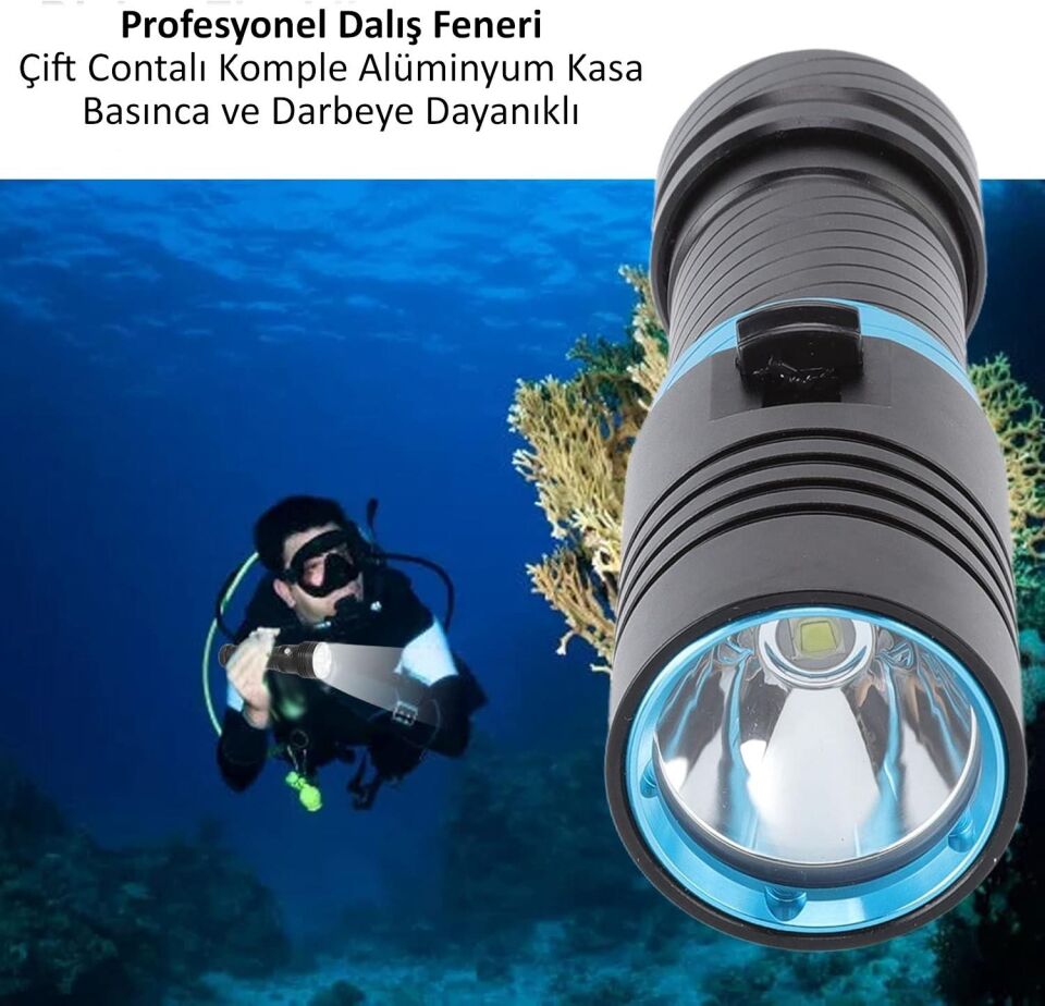 Valkyrie Profesyonel Şarjlı Su Altı Dalış Feneri Metal Kasa Yüksek Aydınlatma Su Geçirmez  2000mAh Kutulu
