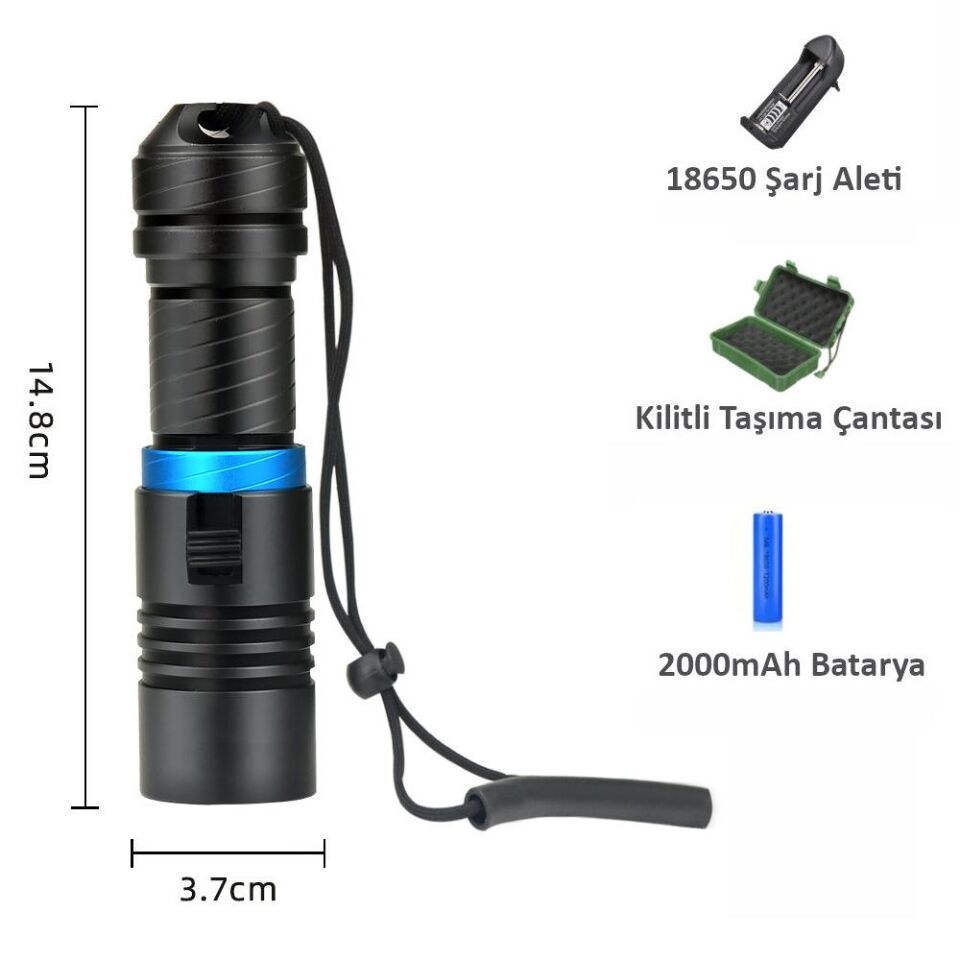 Valkyrie Profesyonel Şarjlı Su Altı Dalış Feneri Metal Kasa Yüksek Aydınlatma Su Geçirmez  2000mAh Kutulu