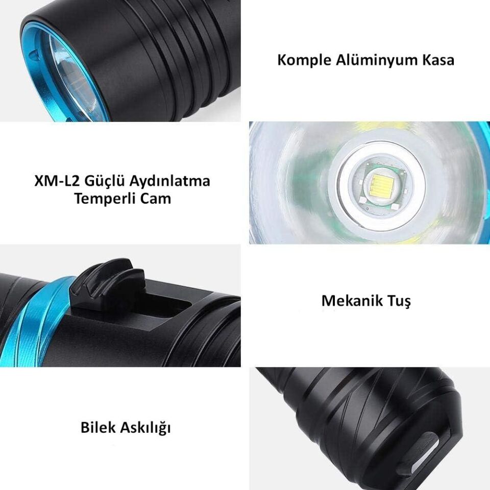 Valkyrie Profesyonel Şarjlı Su Altı Dalış Feneri Metal Kasa Yüksek Aydınlatma Su Geçirmez  2000mAh Kutulu