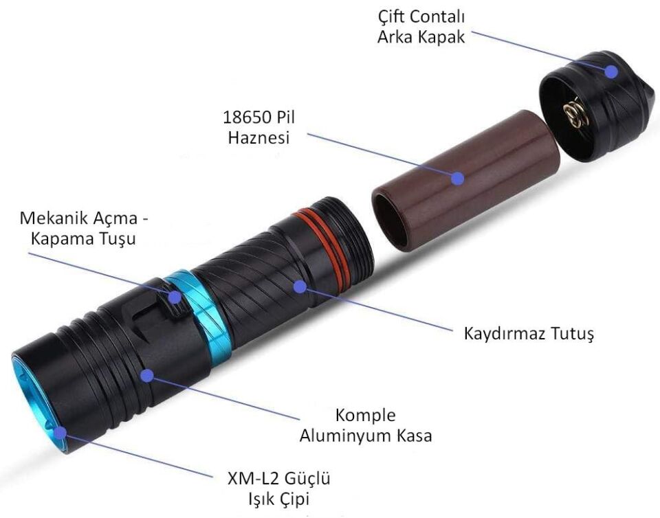Valkyrie Profesyonel Şarjlı Su Altı Dalış Feneri Metal Kasa Yüksek Aydınlatma Su Geçirmez  2000mAh Kutulu