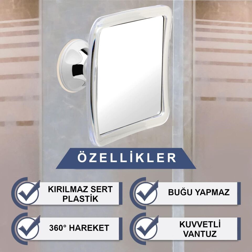 Valkyrie 1. Kalite Duş Banyo Tuvalet Aynası 5X Yakınlaştırma - Buğu Önyeyici Vantuzlu 360 Derece Ayna