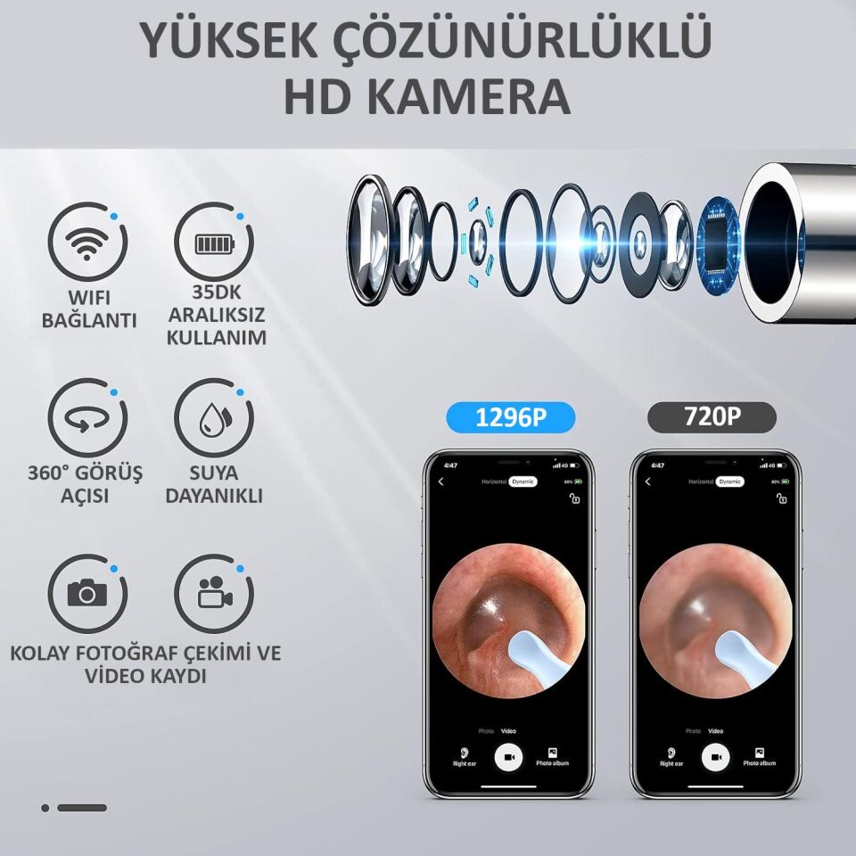 Valkyrie Kablosuz Wifi Kulak Temizleme Kamerası - Ios Android Iphone Uyumlu 1296P HD LED Otoskop Kamera
