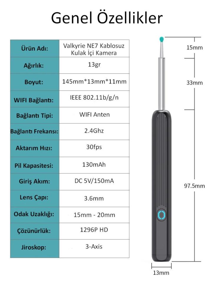 Valkyrie Kablosuz Wifi Kulak Temizleme Kamerası - Ios Android Iphone Uyumlu 1296P HD LED Otoskop Kamera