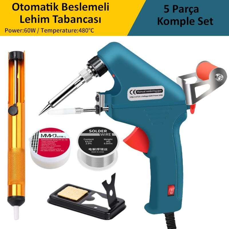 Valkyrie 5 Parça Tetikli Otomatik Beslemeli Havya Lehim Tabancası Seti - 60W 480°C Yeni Nesil Seramik Isınma - Tek El Kullanım