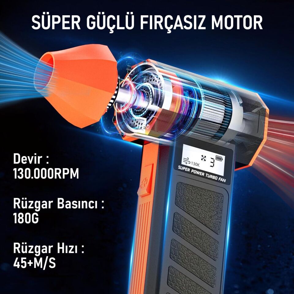Valkyrie Şarjlı 130000 RPM  Elektrikli Hava Üfleyici 184W Güçlü Toz Temizleyici 4 Kademeli Hız Şarjlı