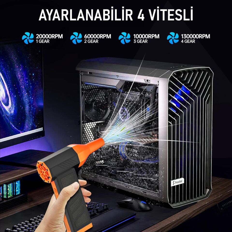 Valkyrie Şarjlı 130000 RPM  Elektrikli Hava Üfleyici 184W Güçlü Toz Temizleyici 4 Kademeli Hız Şarjlı