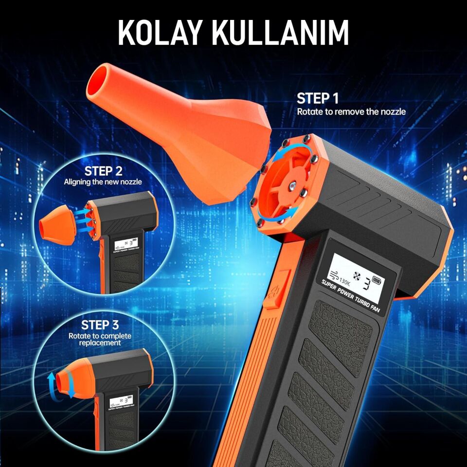 Valkyrie Şarjlı 130000 RPM  Elektrikli Hava Üfleyici 184W Güçlü Toz Temizleyici 4 Kademeli Hız Şarjlı