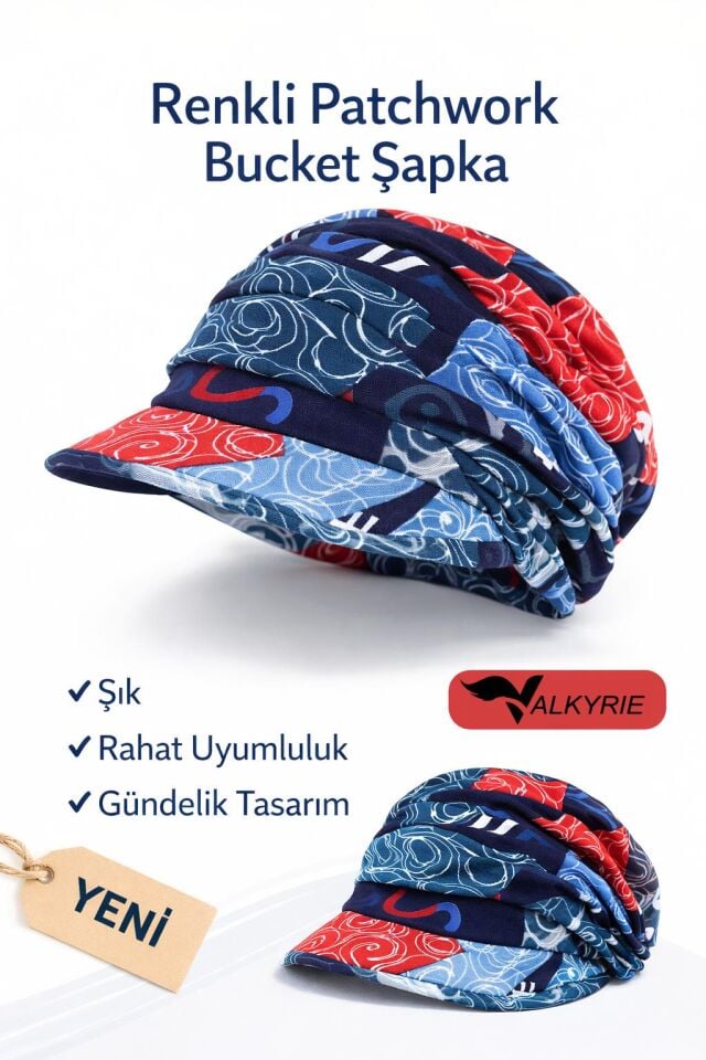Valkyrie Renkli Patchwork Şapka Kadın – Vizörlü Bone Şapka Rahat Esnek Günlük Kullanım Saç Toplayıcı Şapka