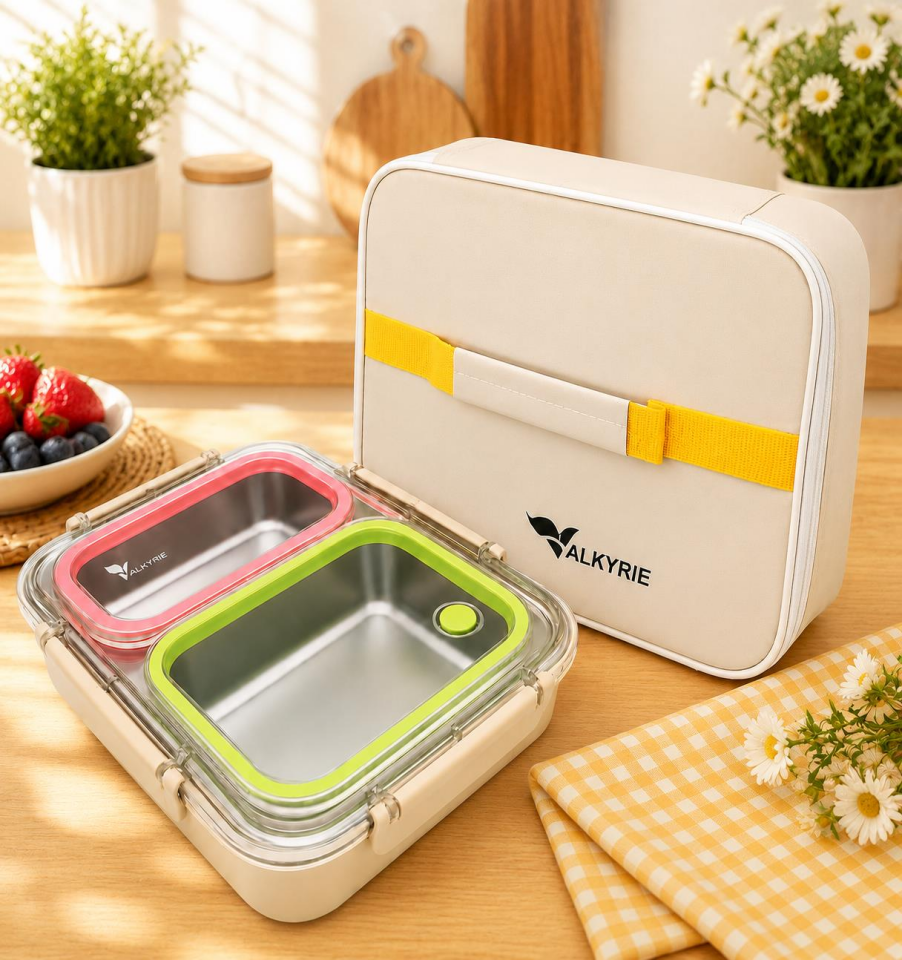 Valkyrie 2 Bölmeli 304 Paslanmaz Çelik Lunch Box | Sızdırmaz  Renkli Yemek Taşıma Kabı + Termal Çanta
