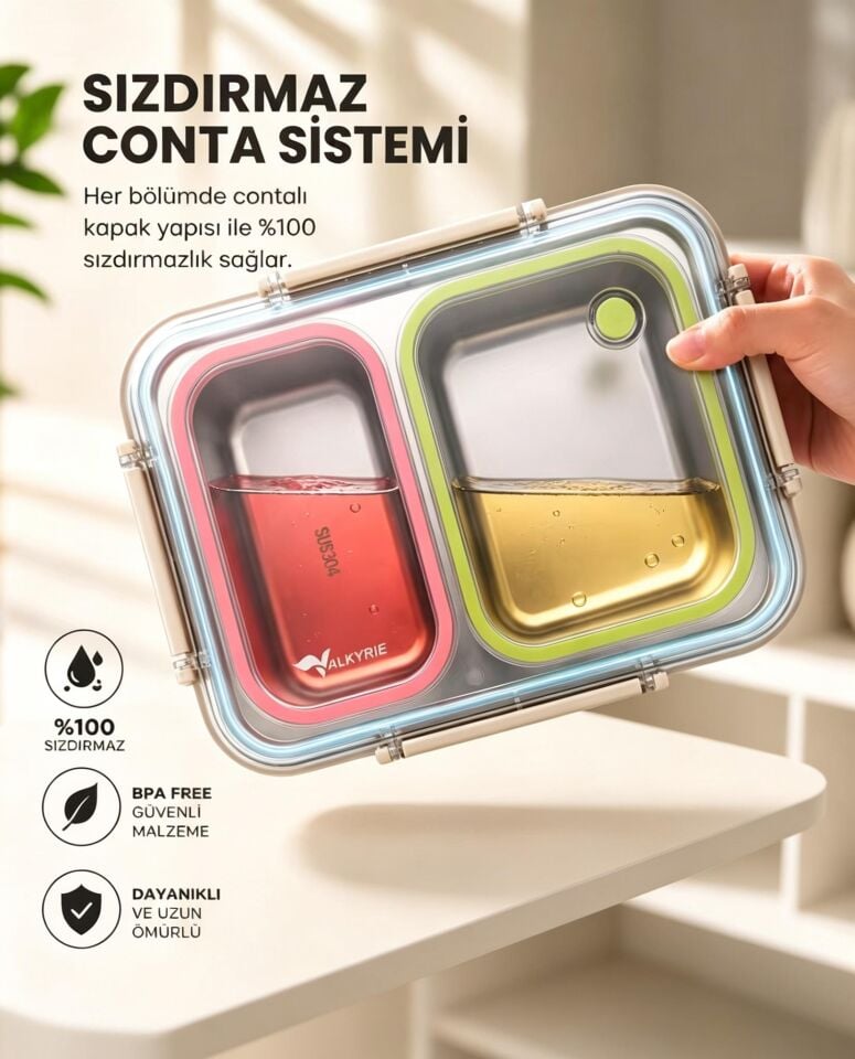 Valkyrie 2 Bölmeli 304 Paslanmaz Çelik Lunch Box | Sızdırmaz  Renkli Yemek Taşıma Kabı + Termal Çanta