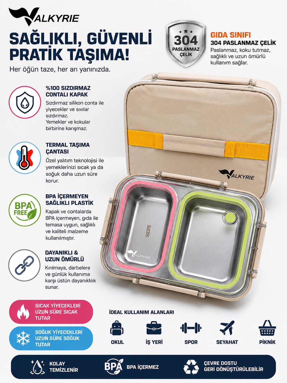 Valkyrie 2 Bölmeli 304 Paslanmaz Çelik Lunch Box | Sızdırmaz  Renkli Yemek Taşıma Kabı + Termal Çanta