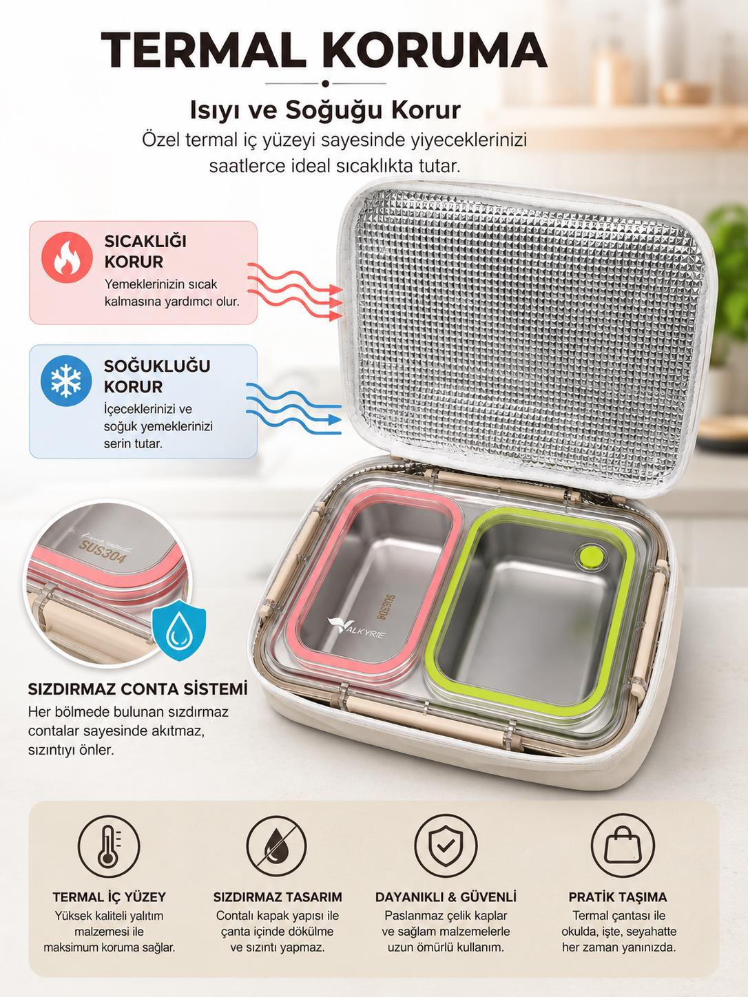Valkyrie 2 Bölmeli 304 Paslanmaz Çelik Lunch Box | Sızdırmaz  Renkli Yemek Taşıma Kabı + Termal Çanta