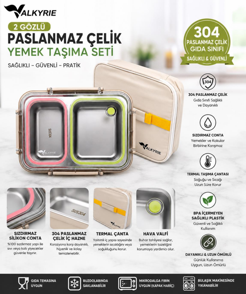 Valkyrie 2 Bölmeli 304 Paslanmaz Çelik Lunch Box | Sızdırmaz  Renkli Yemek Taşıma Kabı + Termal Çanta